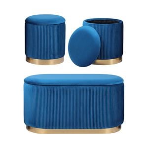 La Bella Blue 3 Piece Set Storage Ottoman - Blanket Box Velvet Bench Stool FAYE
