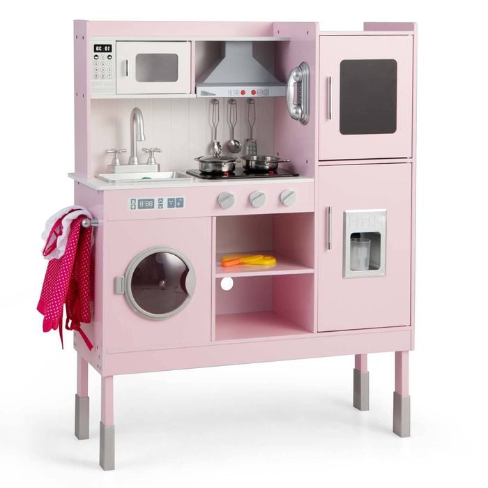 Costway Pretend Play Kitchen Kitchen Playset Toy Gift w/Range Hood Pink