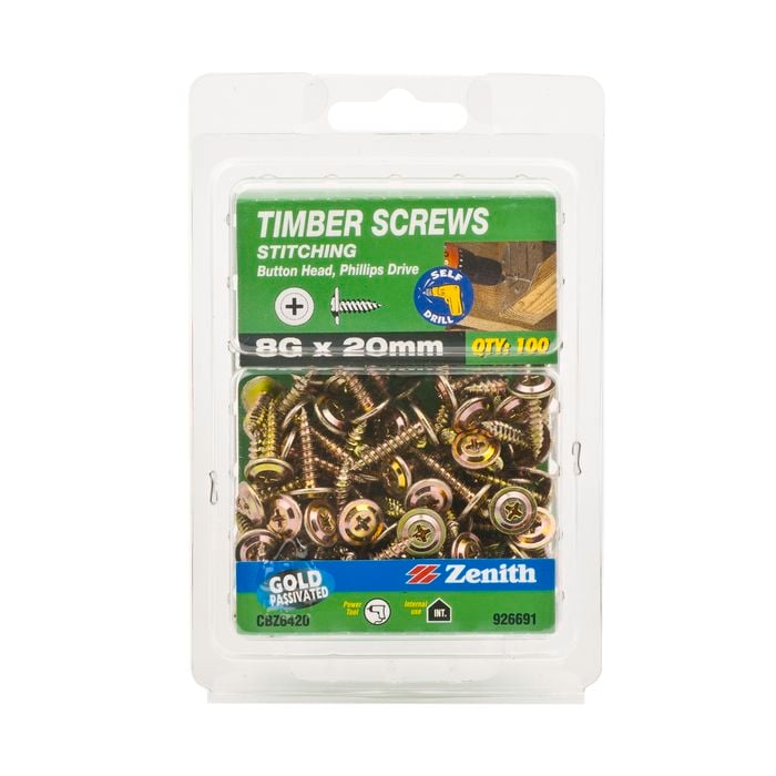 Zenith 8g x 20mm Button Head Stitching Timber Screws - 100 Pack