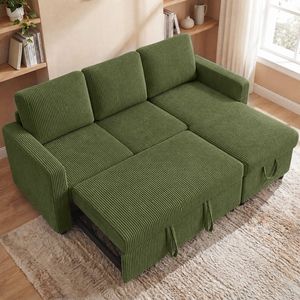 Advwin 3 Seater Sofa Bed w/ Storage Chaise 196cm Corduroy Pull Out Lounge Sleeper Couch Green