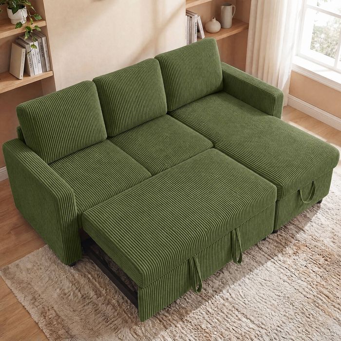 Advwin 3 Seater Sofa Bed w/ Storage Chaise 196cm Corduroy Pull Out Lounge Sleeper Couch Green