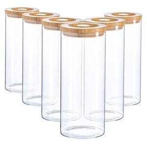 Argon Tableware Glass Storage Jar - Wood Lid - 1.5 Litre - 6x Modern Round Scandi Organisation Container Glass Jar