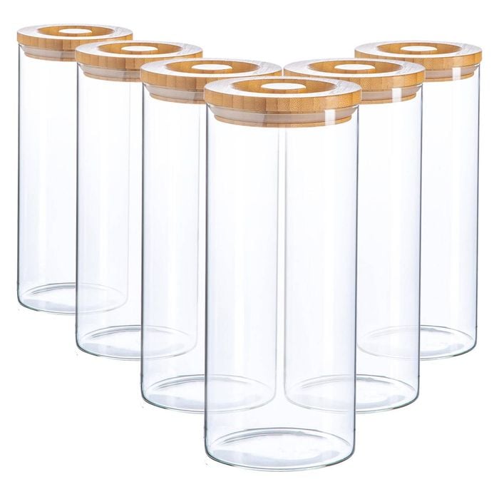 Argon Tableware Glass Storage Jar - Wood Lid - 1.5 Litre - 6x Modern Round Scandi Organisation Container Glass Jar