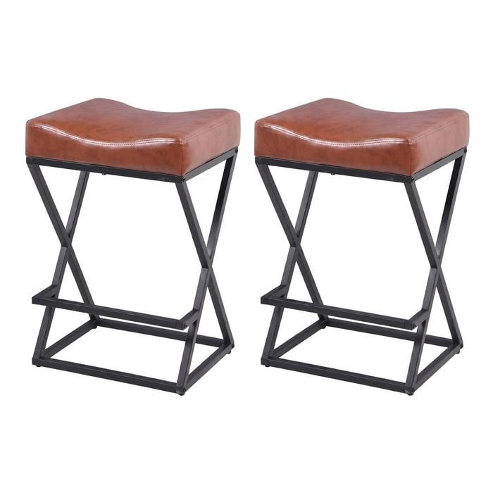 Advwin Bar Stools Set of 2 PU Leather Kitchen Counter Stools w/ U-Shape Cushion & Footrest Bar Chair Brown