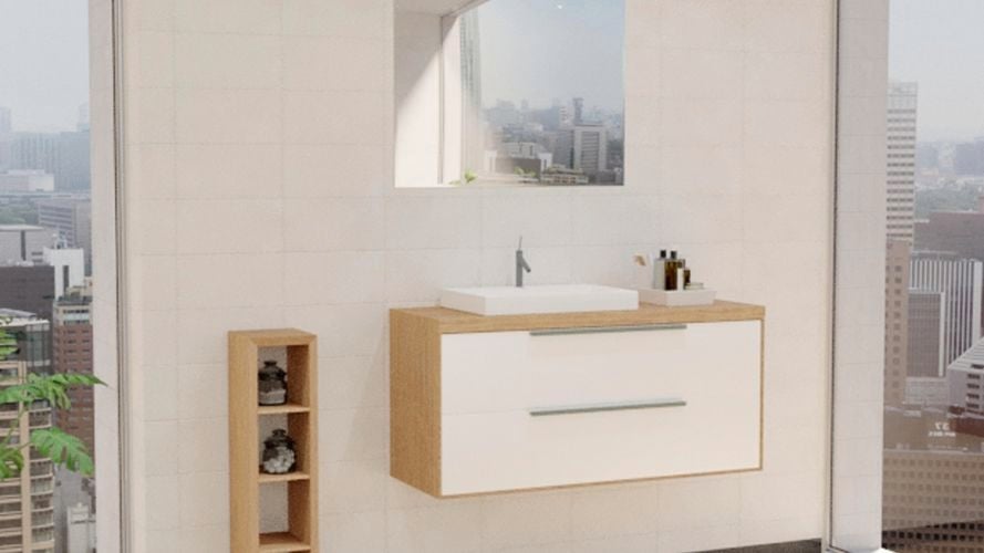 Bathroom with mirror along with wash basin, plant, caddy, slim shelf and white wall tiles.
