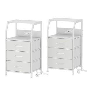 Ufurniture Set Of 2 Nightstand 3 Fabric Drawers Bedside Table With Charging Station For Bedroom Living Room White