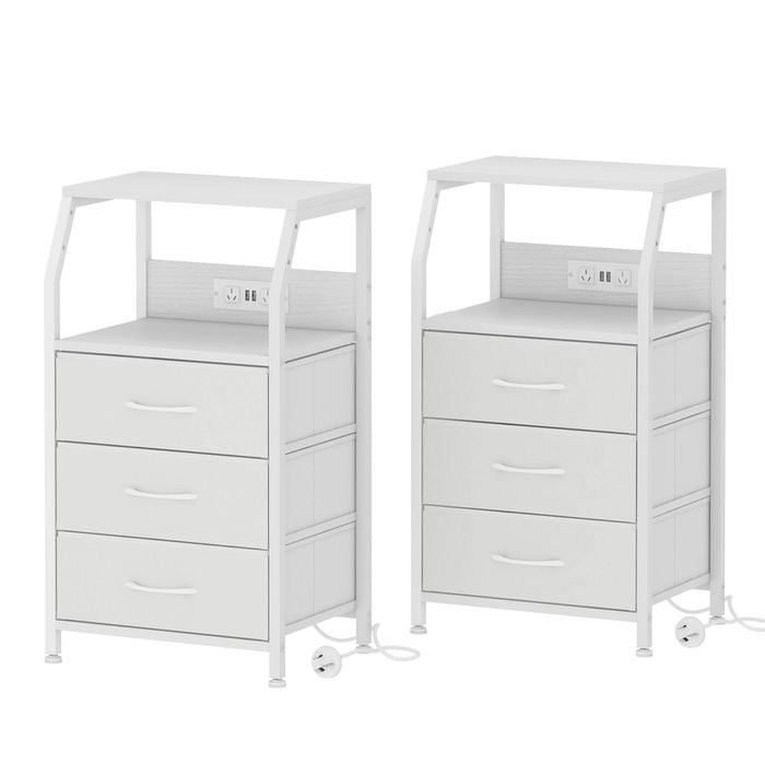 Ufurniture Set Of 2 Nightstand 3 Fabric Drawers Bedside Table With Charging Station For Bedroom Living Room White