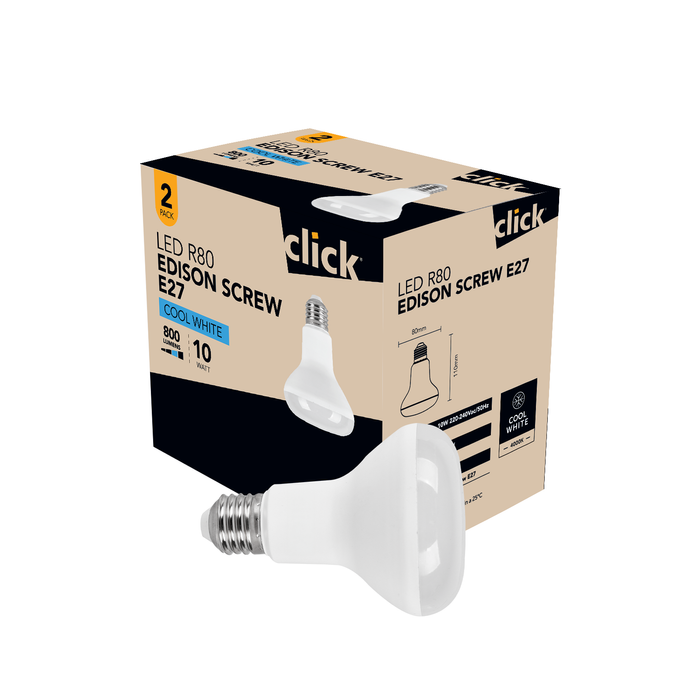 Click R80 ES LED 800lm Cool White 10W Globe - 2 Pack