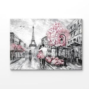 Couple Painting Walking Near Eiffel Tower Print 100% Australian Made 120x90cm (Stretched Canvas)