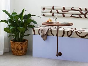 A cushioned bench seat with a ‘floating’ coffee table next to a green plant in a basket