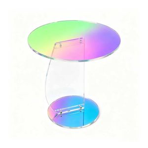 P&P Iridescent Laser Rainbow Acrylic Round Side End Table with 10mm Top for Sofa and Bedside