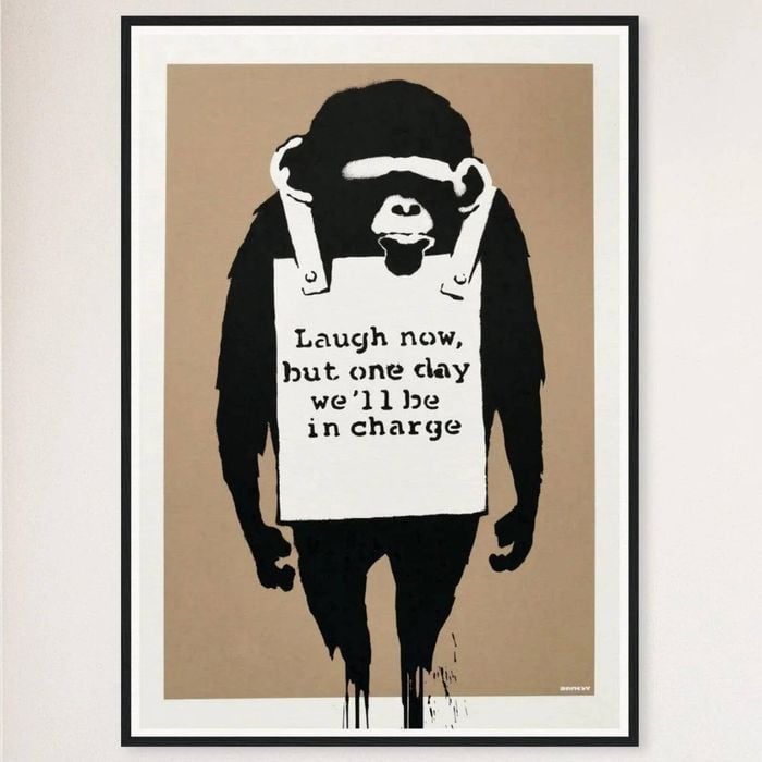 Galrie Banksy Laugh Now Art Print 2003 - Iconic Wall Decor, Black Frame, 70 x 100cm (28 x 40inch)