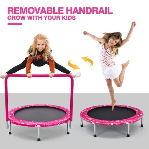38'' Kids Trampoline Mini Foldable Fitness Trampoline with Adjustable Handrail and Safety Padded Cover Exercise Foldable Bungee Rebounder Indoor
