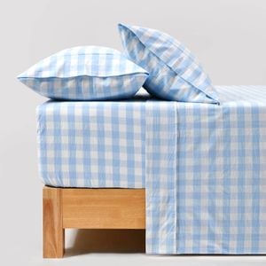 Dreamaker Lola Washed Cotton Yarn Dyed Gingham Sheet Set Sky Double