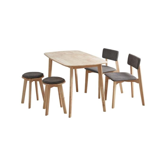 Natural Signature 1350mm 4 Seater Raw Natural Hockey 5 Piece Chairs and Stools Dining Set with Cosmo Brown Seat Fabric