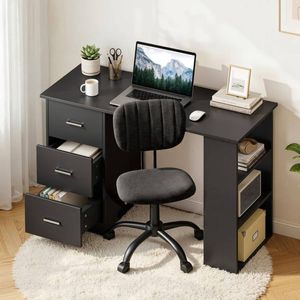HOMFURN 120cm Black Computer Desk & Armless Office Chair Set, 3 Drawers & Shelves, Ergonomic Backrest, Home Study