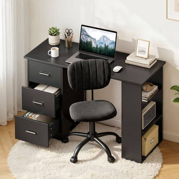HOMFURN 120cm Black Computer Desk & Armless Office Chair Set, 3 Drawers & Shelves, Ergonomic Backrest, Home Study