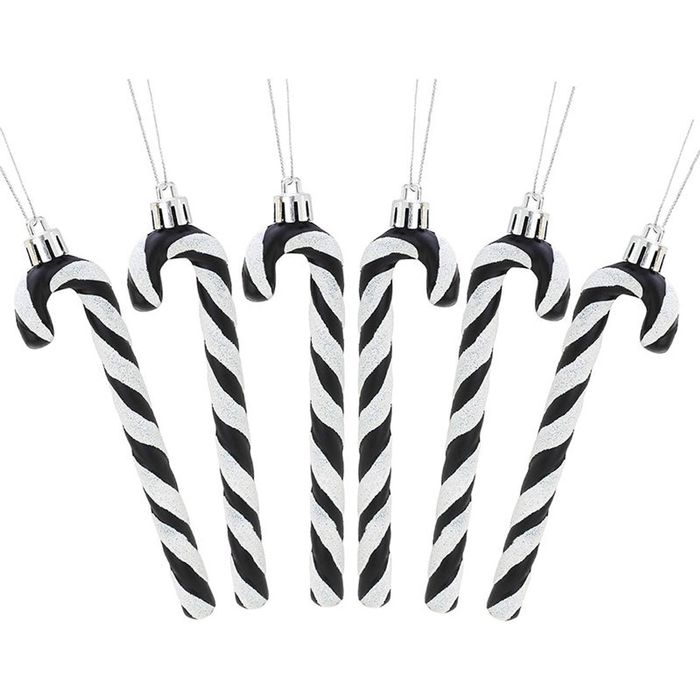 Catzon 6 Pcs Glitter Candy Cane Christmas Ornaments with Golden Ropes-Black