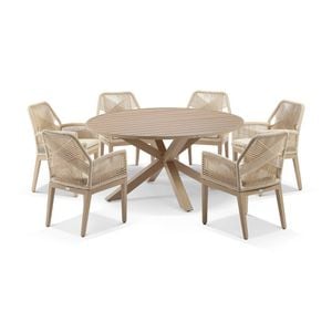 Houston Outdoor 1.5m Aluminium Dining Setting Light Oak Look With 6 Hugo Chairs & Cream Rope/cream Cushions