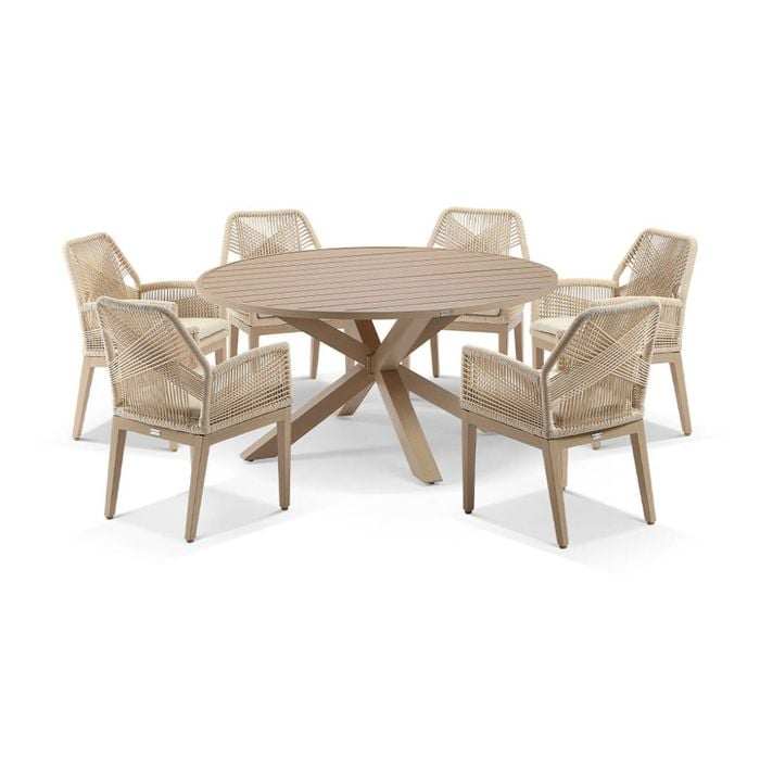 Houston Outdoor 1.5m Aluminium Dining Setting Light Oak Look With 6 Hugo Chairs & Cream Rope/cream Cushions
