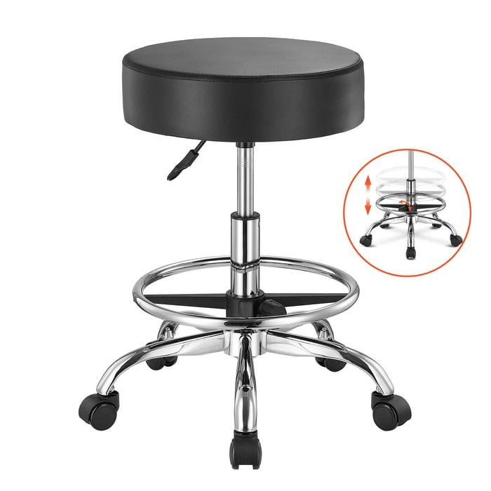 Vevor Round Rolling Stool Black With Footrest 360°swivel Thickened Cushion Height Adjustable