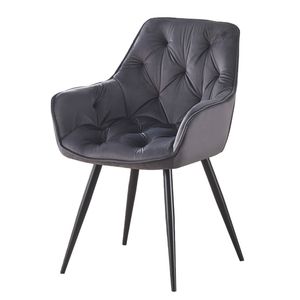 BRIBRION x1 Velvet Dining Chair with Arms Black Metal Legs Tufted Back Armrests Accent Vanity Modern Kitchen Single Grey Gray