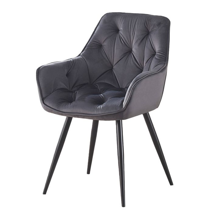BRIBRION x1 Velvet Dining Chair with Arms Black Metal Legs Tufted Back Armrests Accent Vanity Modern Kitchen Single Grey Gray