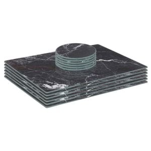 12pc Glass Placemats & Round Coasters Set - 30 x 20cm - Black Marble Effect - Dining Table Protection Place Mats Coasters