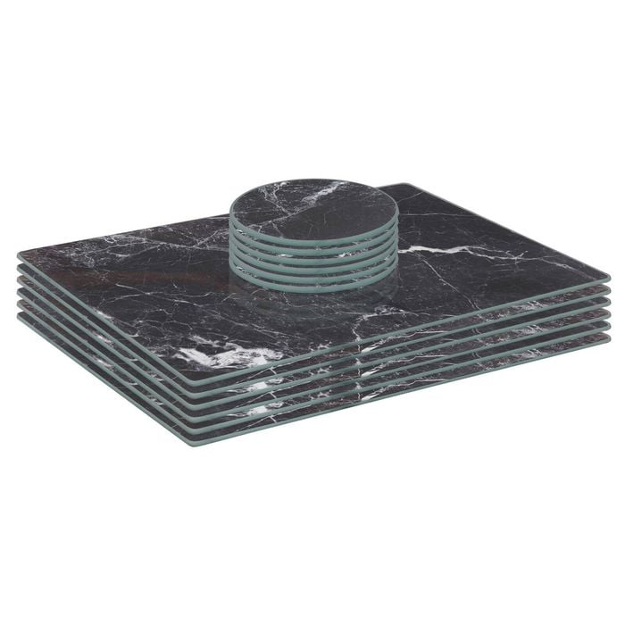 12pc Glass Placemats & Round Coasters Set - 30 x 20cm - Black Marble Effect - Dining Table Protection Place Mats Coasters