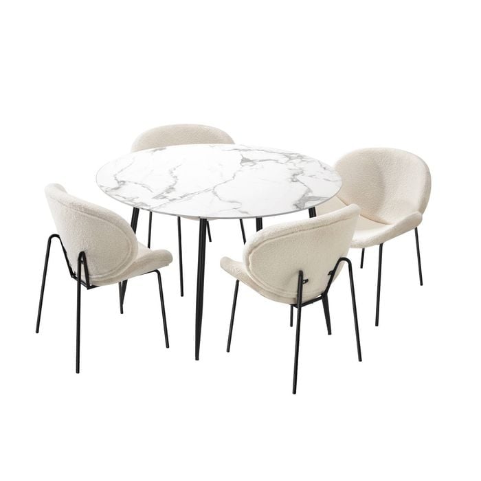 Oikiture 5PCS Dining sets 110cm Round Table with Chairs White Sherpa