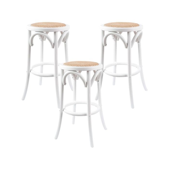 Aster 3pc Round Bar Stools Dining Stool Chair Solid Birch Wood Rattan Seat White