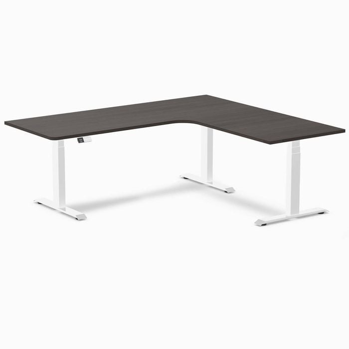 Desky L-shape Sit To Stand Burnished Wood Melamine Desk 2000x1800mm - Right Return Height Adjustable White Leg