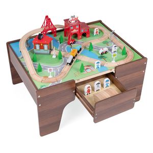 Costway 63-Piece Wooden Train Table w/Storage Drawer-Walnut