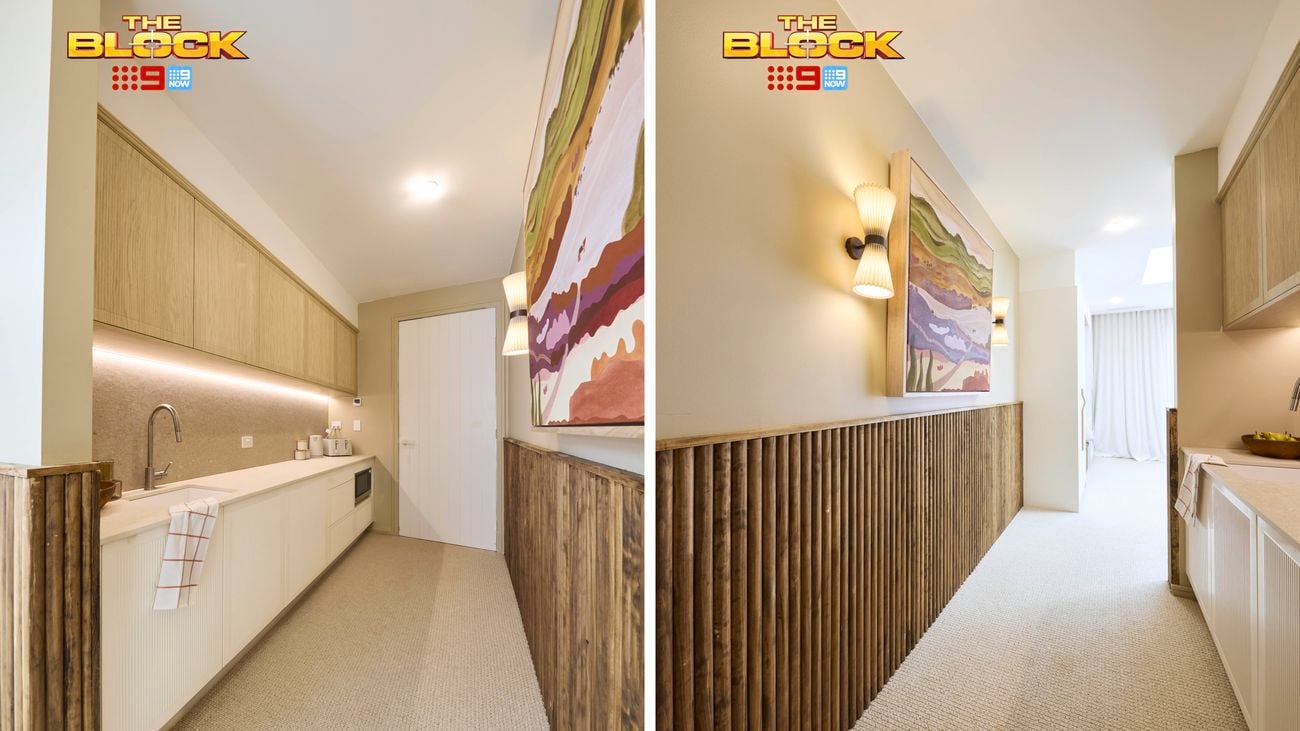Two hallway laundry spaces from The Block, featuring timber panelling, artwork, overhead cabinetry, and neutral tones.