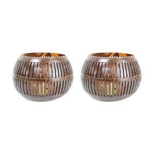 2x Coconut 13cm Lantern Slat Tealight/Fairy Light Round Boho Candle Holder Brown