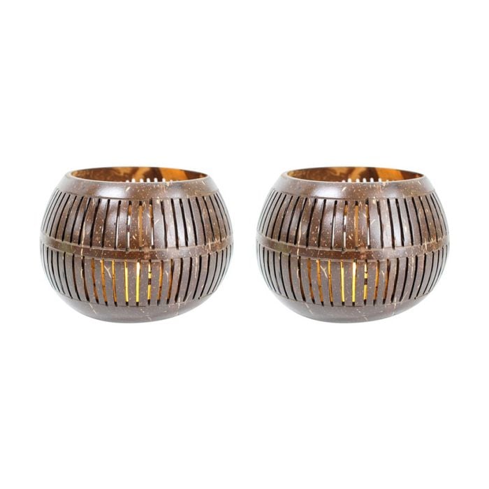 2x Coconut 13cm Lantern Slat Tealight/Fairy Light Round Boho Candle Holder Brown