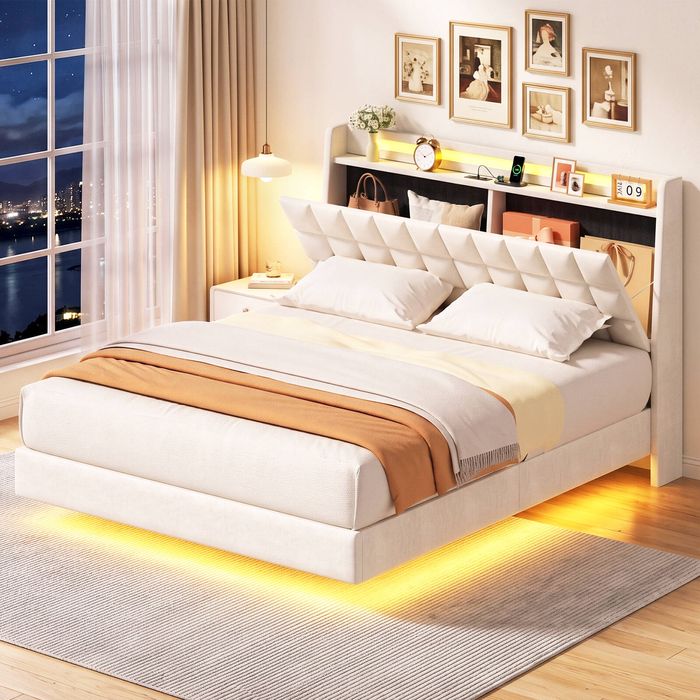Advwin Double LED Floating Bed Frame with Storage and Charging Hub ...