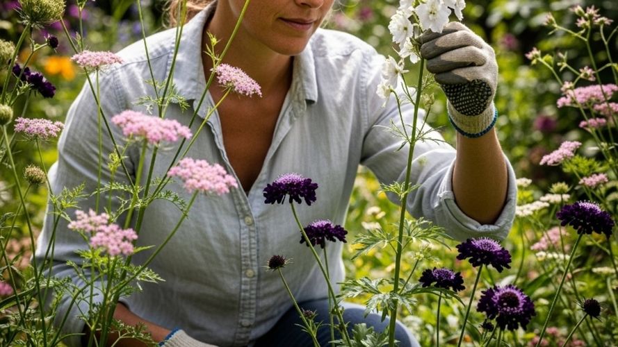 Person wearing gardening gloves tending to pink, purple and white flowers with secateurs in a colourful garden.