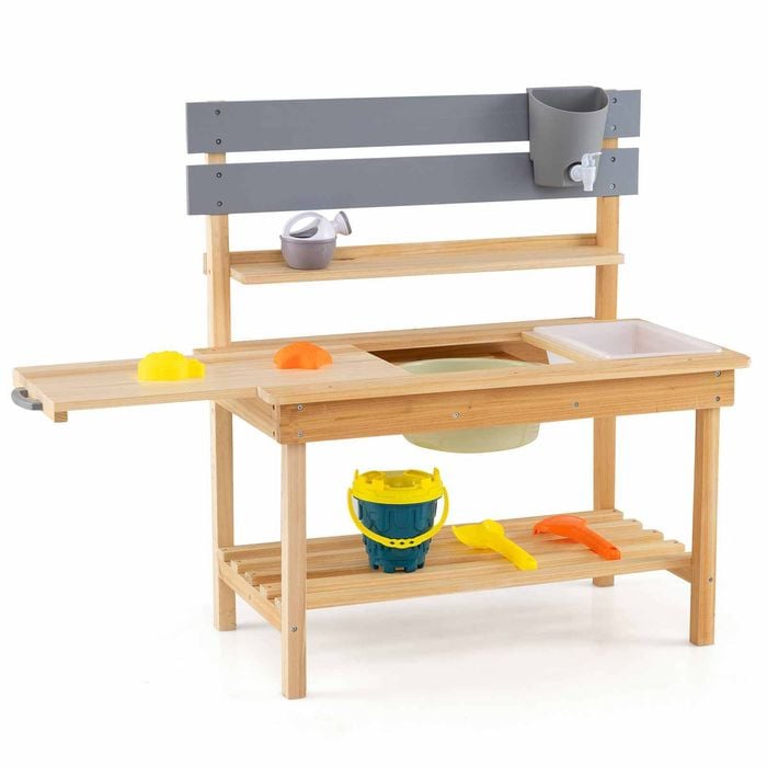 Costway Outdoor Kid Mud Kitchen Wood Playset Extended Tabletop Sink