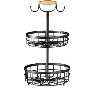 CARLA HOME 2-Tier Fruit Basket Bowl Storage with Wood Lift Handle and Dual Banana Tree Hanger for Kitchen Countertop