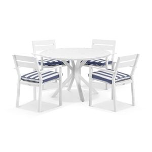 Houston Outdoor 1.2m Round Aluminium Dining Setting White With 4 Santorini Chairs & Navy Stripe Cushions