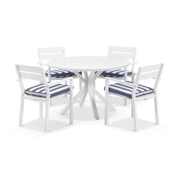 Houston Outdoor 1.2m Round Aluminium Dining Setting White With 4 Santorini Chairs & Navy Stripe Cushions
