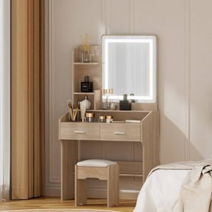 Dressing Table with Mirror Lights, LED Mirror Makeup Stool Set Wooden Vanity Desk Chair, Drawers Shelves Tabletop, Wood