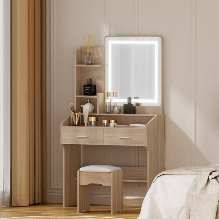 Dressing Table with Mirror Lights, LED Mirror Makeup Stool Set Wooden Vanity Desk Chair, Drawers Shelves Tabletop, Wood