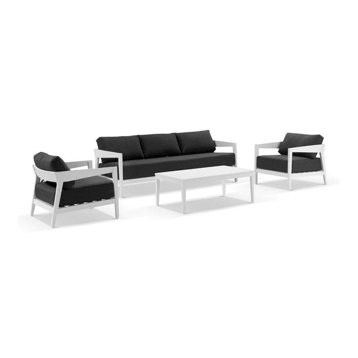 Bronte 3+1+1 Outdoor Aluminium Lounge Setting White With Coffee Table & Denim Grey Cushions