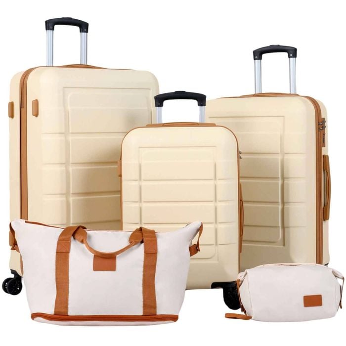 Costway 5piece Luggage Set 3 Hardside Suitcase Duffel Toiletry Bag Beige