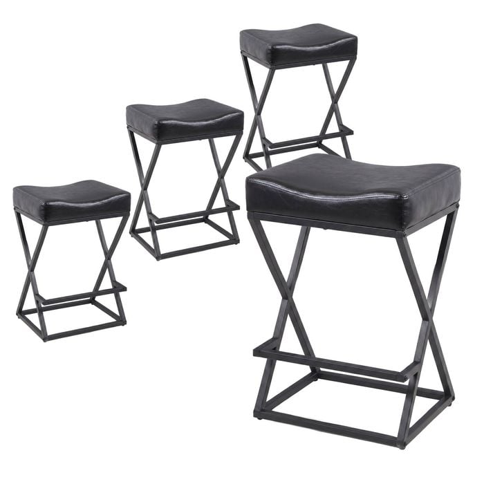 Advwin Bar Stools Set of 4 PU Leather Kitchen Counter Stools w/ U-Shape Cushion & Footrest Bar Chair Black