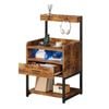 Ufurniture Side Table with Charging Station and LED Lights Bedside Table Walnut