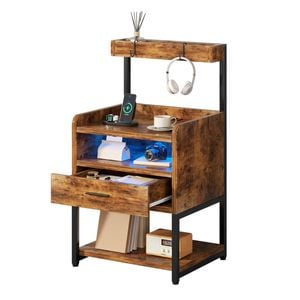 Ufurniture Side Table with Charging Station and LED Lights Bedside Table Walnut