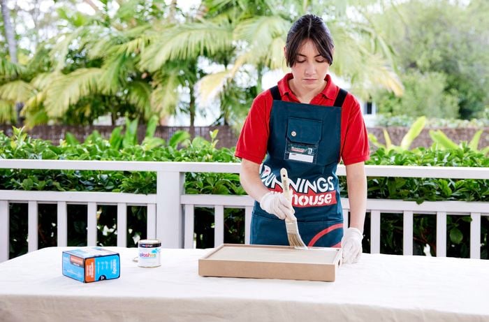 A woman wearing disposable gloves paints a tray with water-based enamel paint.